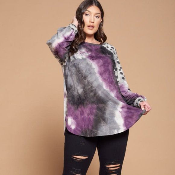 Purple and Grey Tie Dye and Animal Print Top - Picture 4 of 5